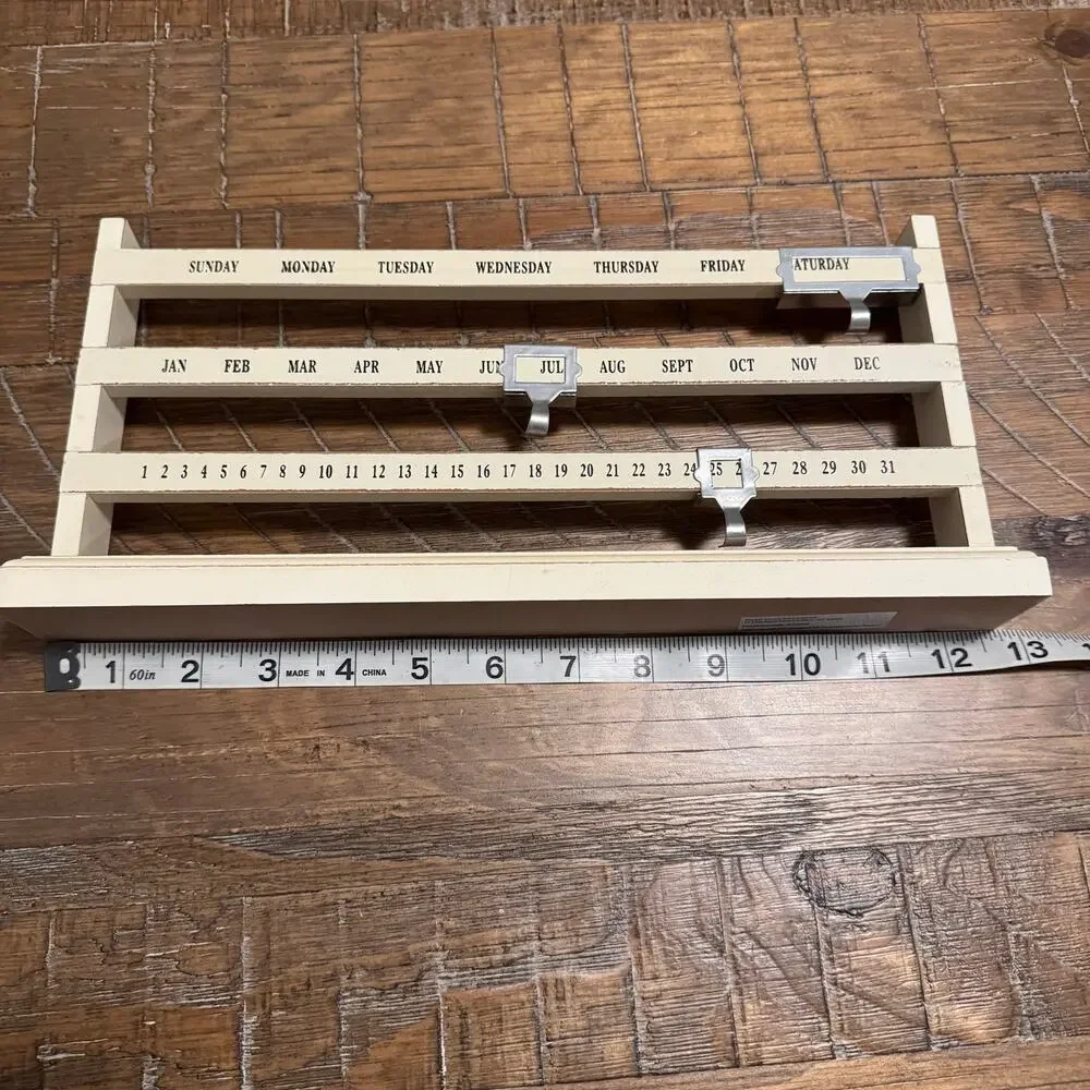 Rustic Wood Perpetual Calendar Farmhouse Sliding Metal Marker Desk Tabletop